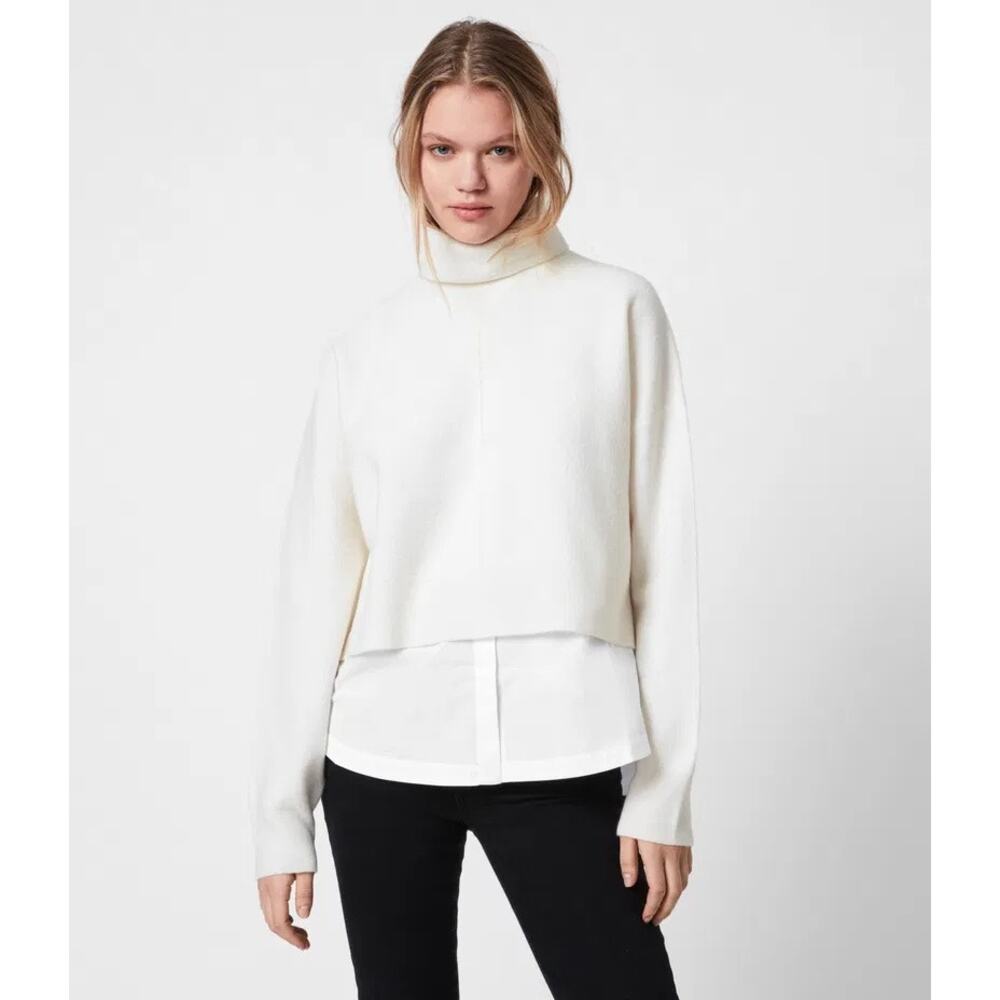 AllSaints Lydi Cropped 100% Wool Turtleneck Sweater Top Ivory Women’s Size M